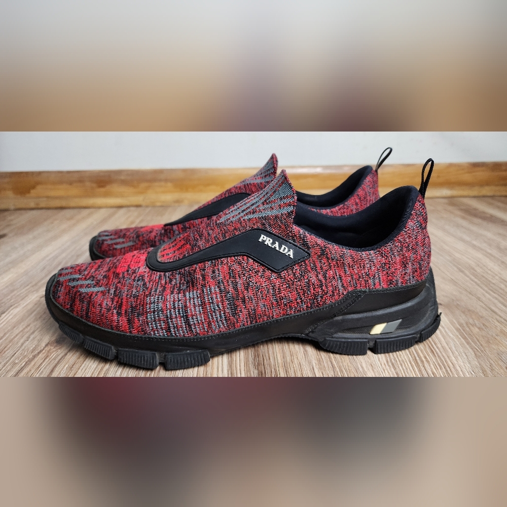 Luxary PRADA Crossection Knit Sneaker Shoes Red Black Men's Size 12